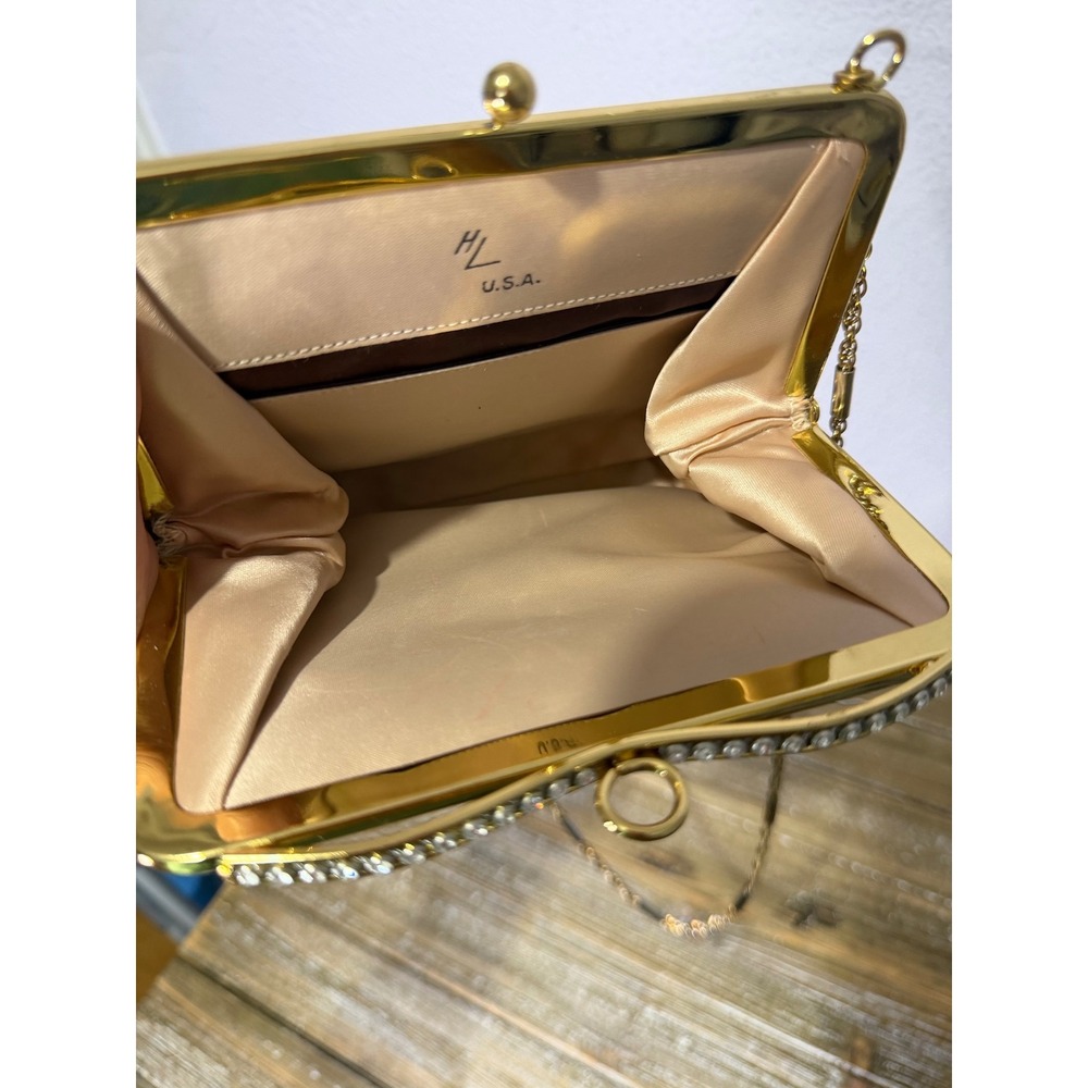 Vintage HL USA Gold Metallic Evening Bag Rhinestone Frame Kiss Lock Clutch Chain - Picture 8 of 8